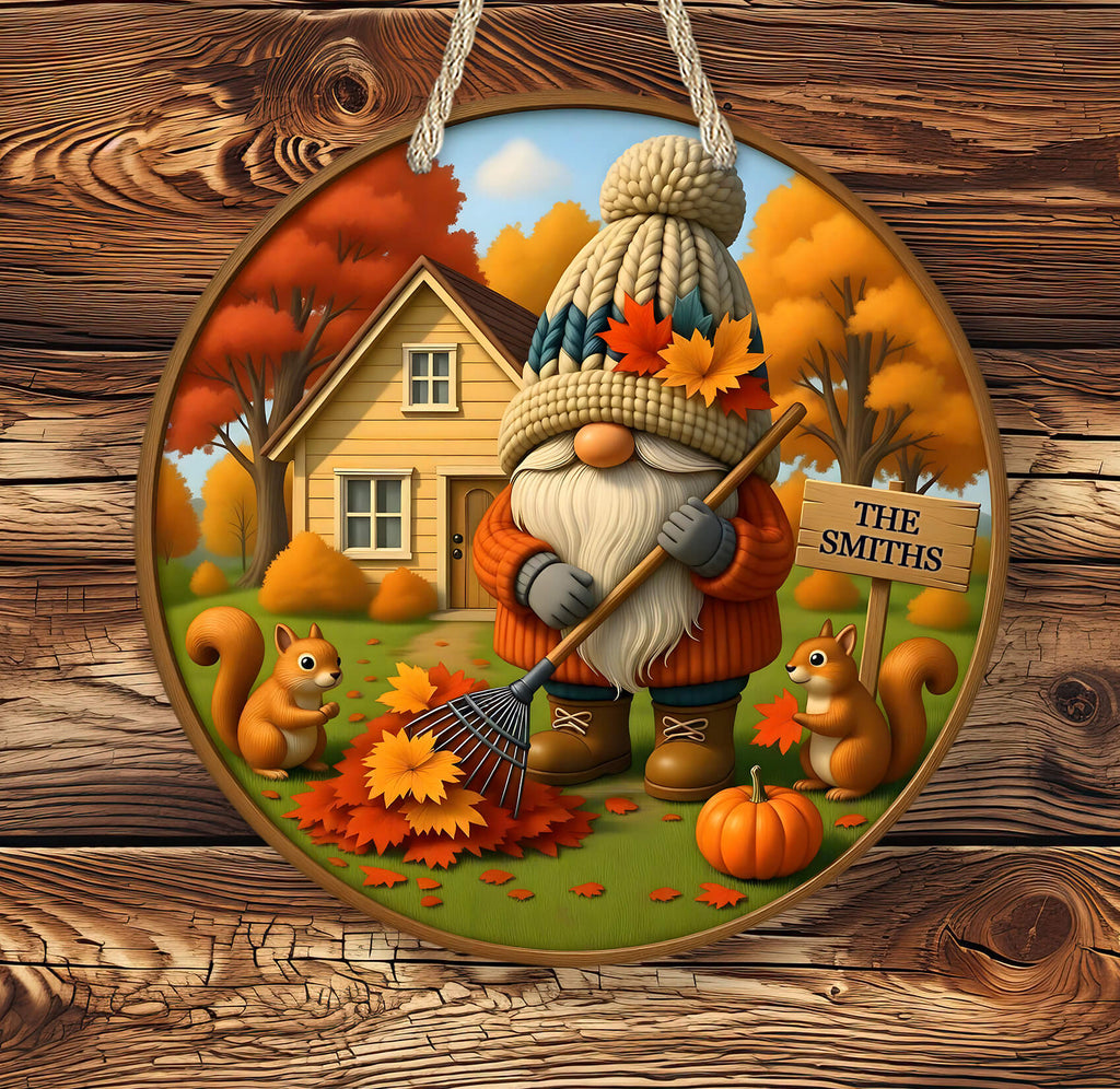 Decorative autumn-themed plaque with a gnome, pumpkins, and squirrels on a wooden background.