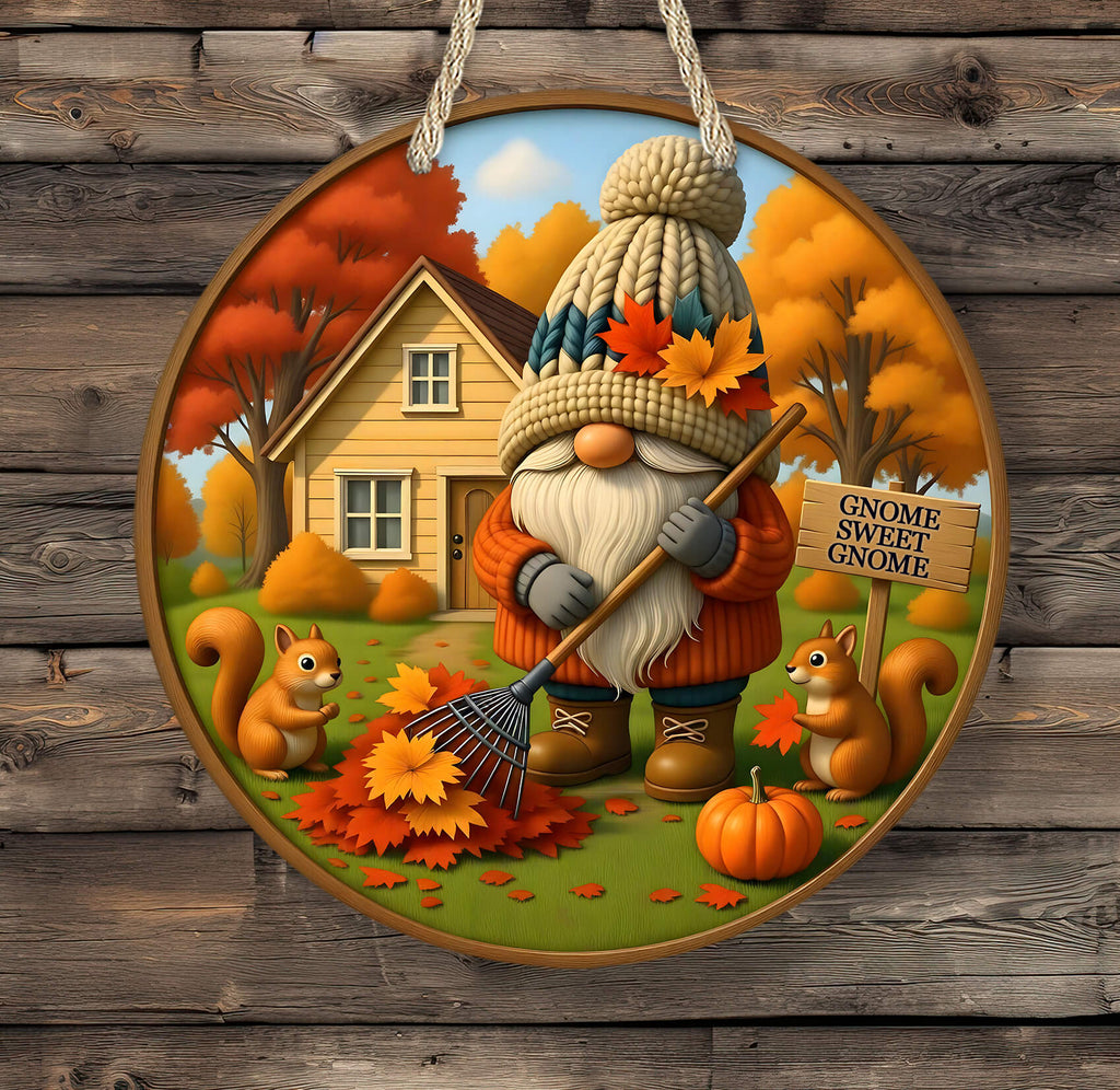 Decorative plate with a gnome, pumpkins, and autumn scene on a wooden background