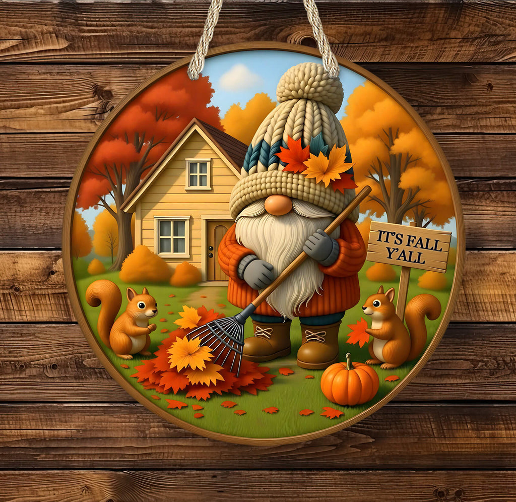 Decorative autumn-themed sign with a gnome, pumpkins, and squirrels on a wooden background.