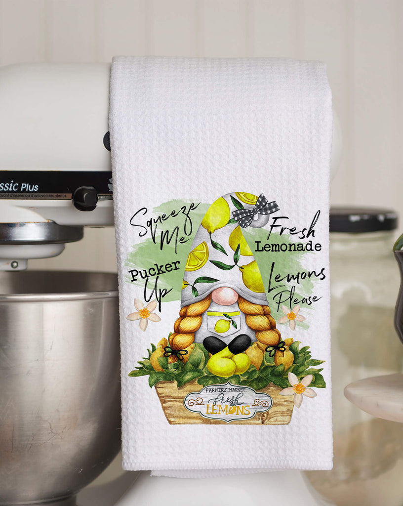 Lemon Gnome Kitchen Towel Set featuring cute farmhouse-style gnomes with fresh lemons, summer-themed decor, and vibrant yellow accents, perfect for a rustic or cottagecore kitchen - Personalized Kreation