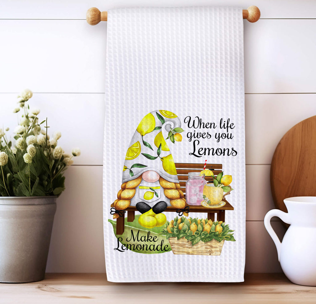 Lemon Gnome Kitchen Towel Set featuring cute farmhouse-style gnomes with fresh lemons, summer-themed decor, and vibrant yellow accents, perfect for a rustic or cottagecore kitchen - Personalized Kreation