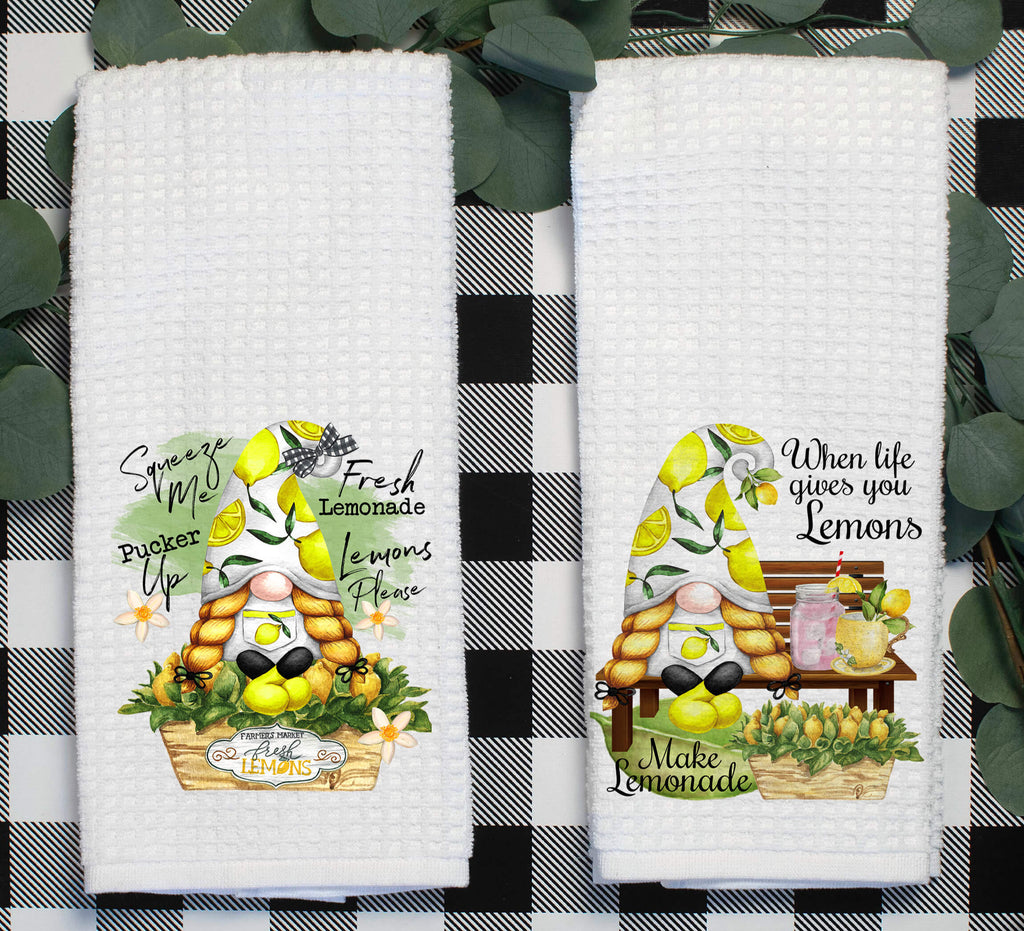 Lemon Gnome Kitchen Towel Set featuring cute farmhouse-style gnomes with fresh lemons, summer-themed decor, and vibrant yellow accents, perfect for a rustic or cottagecore kitchen