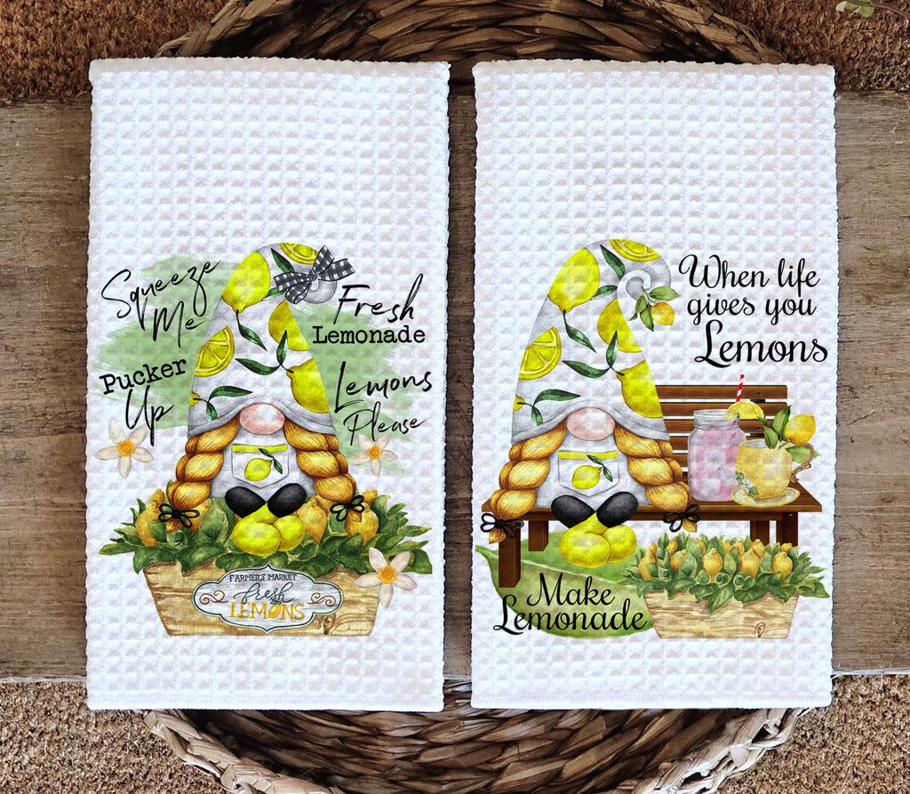 Lemon Gnome Kitchen Towel Set featuring cute farmhouse-style gnomes with fresh lemons, summer-themed decor, and vibrant yellow accents, perfect for a rustic or cottagecore kitchen - Personalized Kreaion