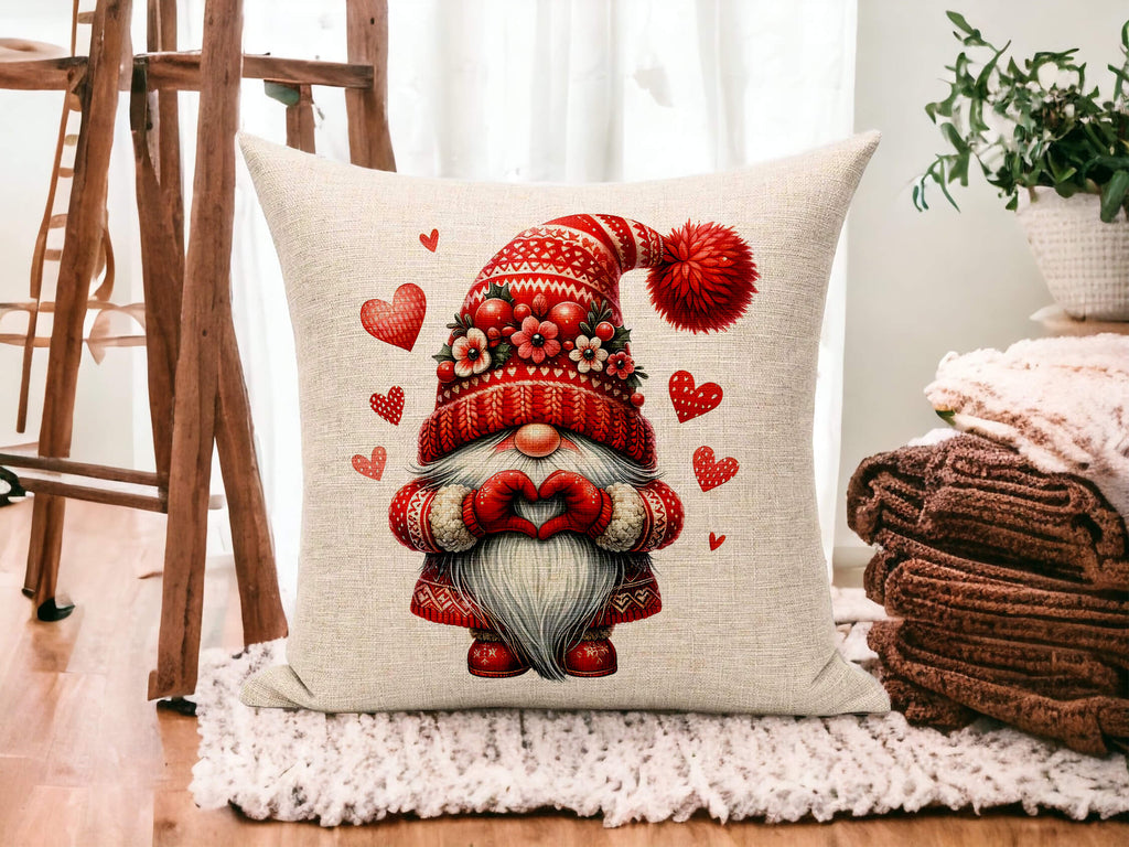 Valentine's Day throw pillow featuring a charming gnome with heart and floral accents, perfect for rustic farmhouse or romantic home decor