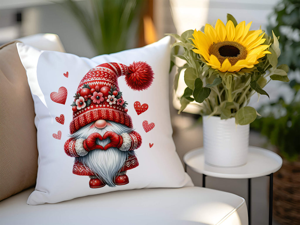 Valentine's Day throw pillow featuring a charming gnome with heart and floral accents, perfect for rustic farmhouse or romantic home decor