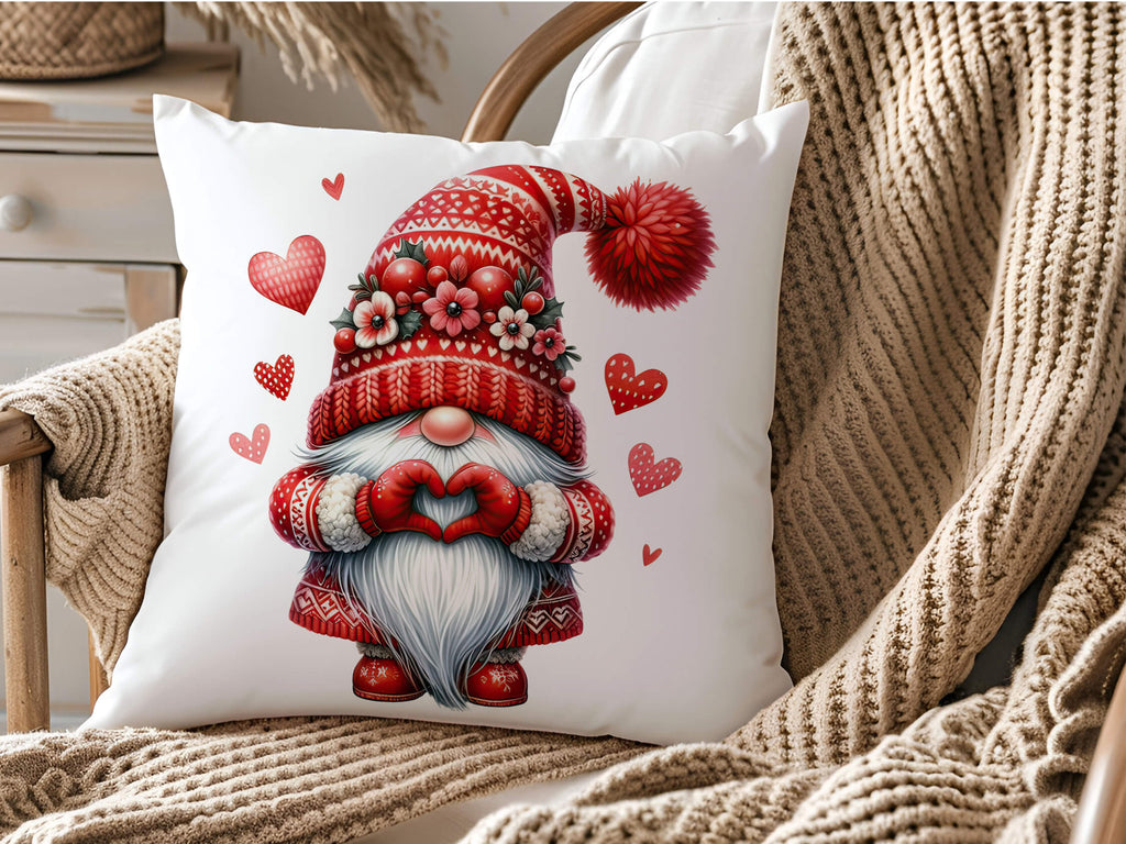 Valentine's Day throw pillow featuring a charming gnome with heart and floral accents, perfect for rustic farmhouse or romantic home decor