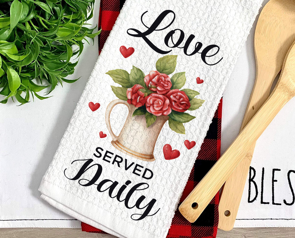 Love Served Daily kitchen towel with floral farmhouse pitcher and heart accents. Rustic Valentine’s dish towel, perfect for romantic home decor, housewarming gift, or gift for her. Soft, absorbent, machine washable, and stylish for any kitchen - Personalized Kreation