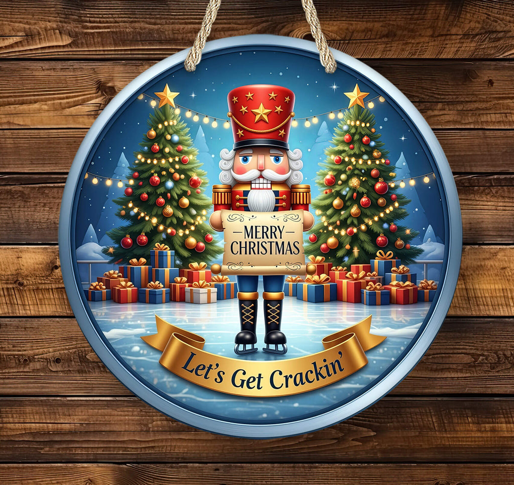 Decorative Christmas sign with a nutcracker holding a 'Merry Christmas' sign, surrounded by trees and presents on a wooden background.
