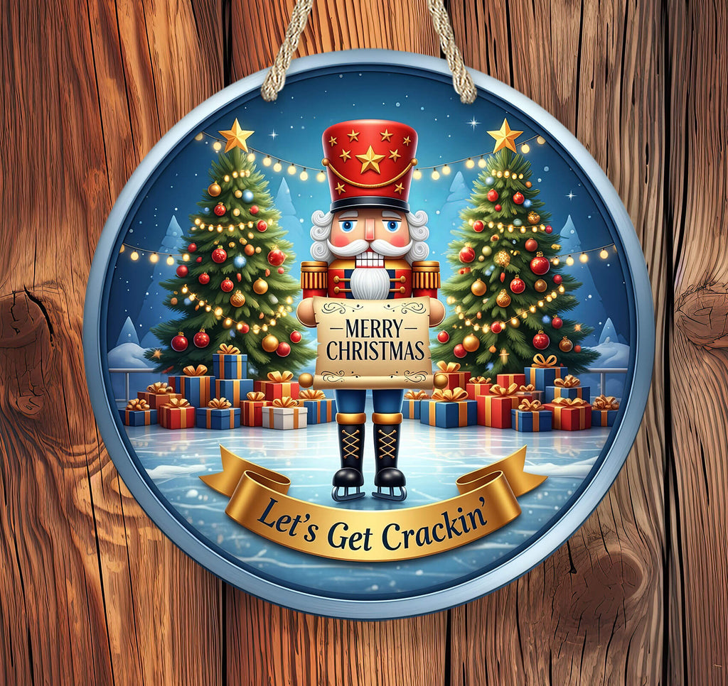 Circular Christmas ornament with a nutcracker and Christmas trees on a wooden background