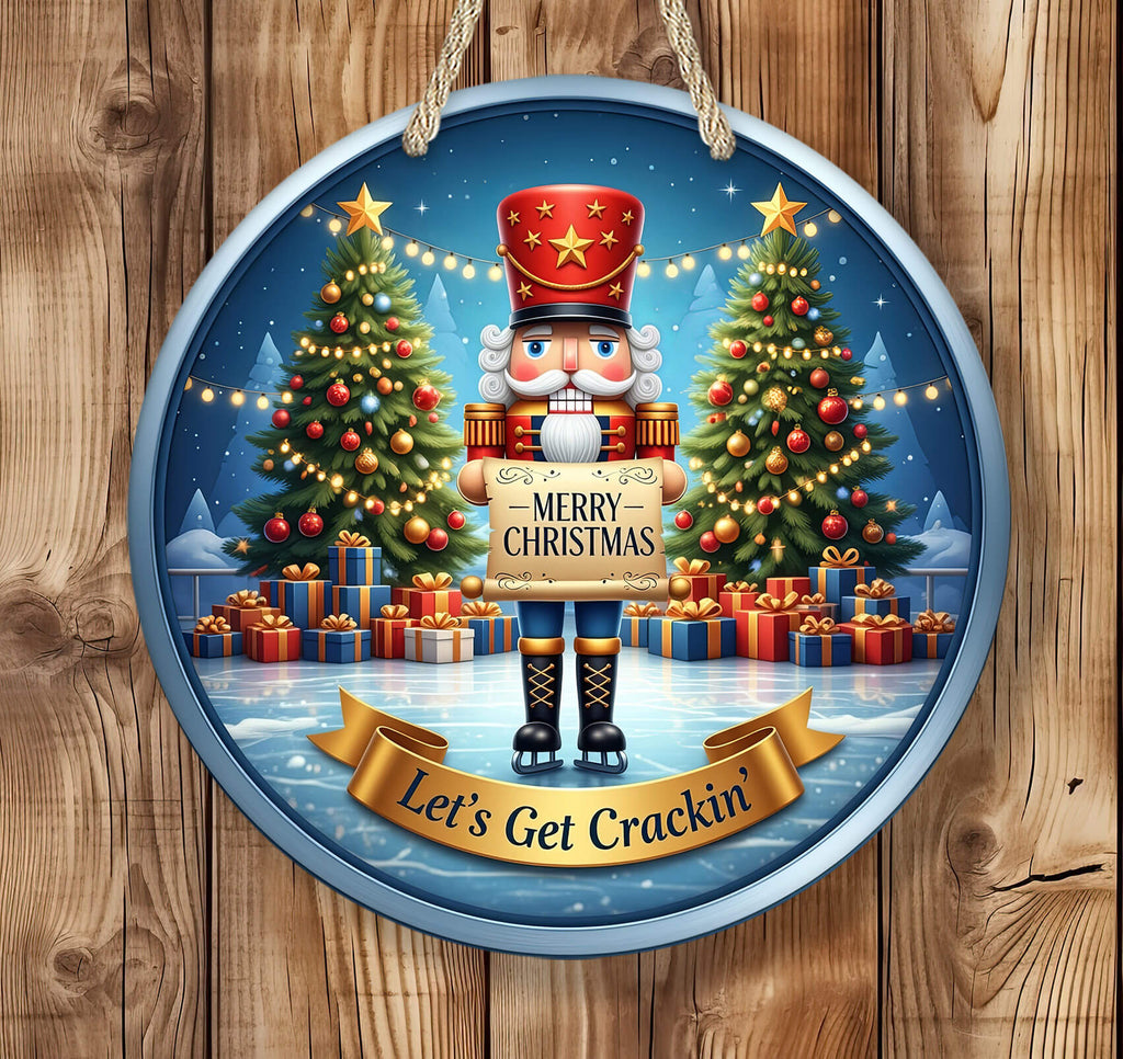 Decorative Christmas ornament with a nutcracker and Christmas trees on a wooden background