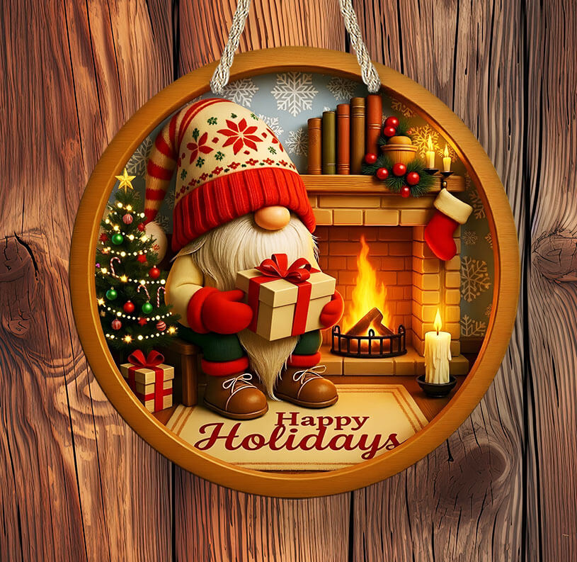 Decorative Christmas door hanger/sign with a gnome, fireplace, and 'Happy Holidays' text on a wooden background.