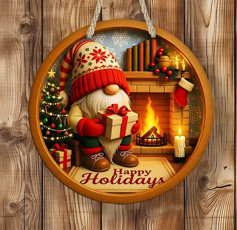 Decorative Christmas door hanger/sign with a gnome, fireplace, and 'Happy Holidays' text on a wooden background.