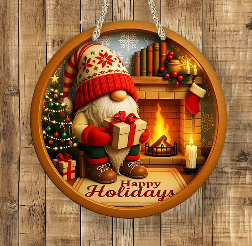 Decorative Christmas door hanger/sign with a gnome, fireplace, and 'Happy Holidays' text on a wooden background.
