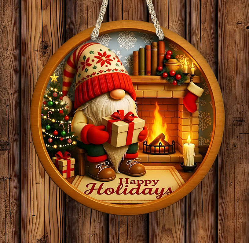 Decorative Christmas door hanger/sign with a gnome, fireplace, and 'Happy Holidays' text on a wooden background.