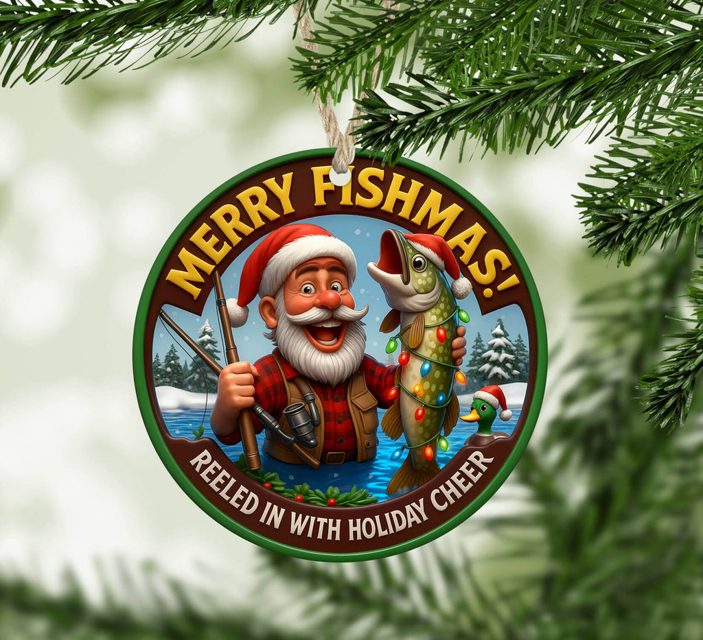 Decorative Christmas ornament with a fisherman holding a fish with lights, surrounded by Christmas tree branches.