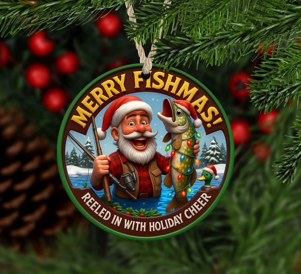 Christmas ornament with a fisherman and fish design, surrounded by Christmas tree decorations.