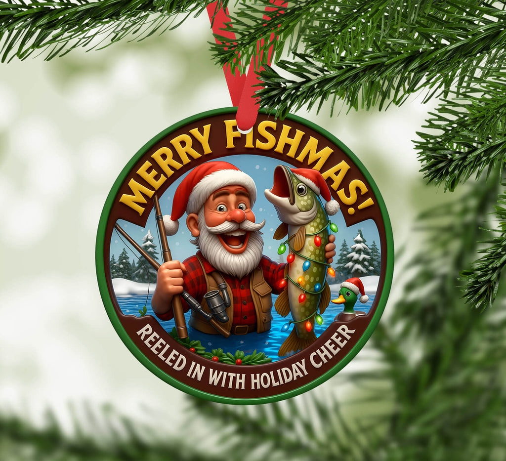 Christmas ornament with a fisherman holding a fish with lights, surrounded by Christmas tree branches.