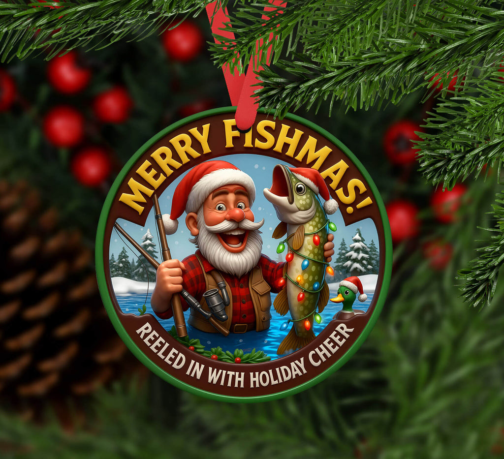 Fishing-themed Christmas ornament with Santa clause and fish surrounded by Christmas tree decorations.