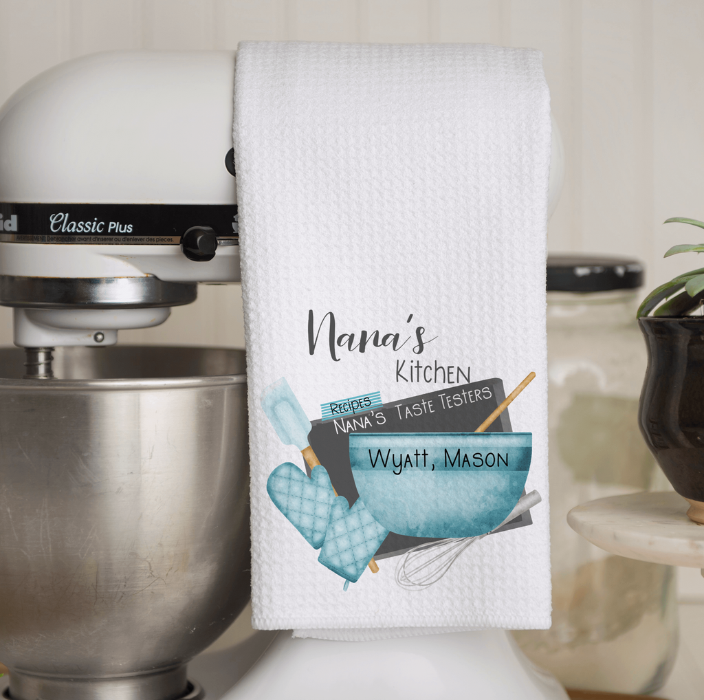 Personalized Grandma’s Kitchen Towel with a charming "Grandma’s Taste Testers" design, featuring a rustic baking theme and custom grandkids' names, perfect for farmhouse kitchen decor