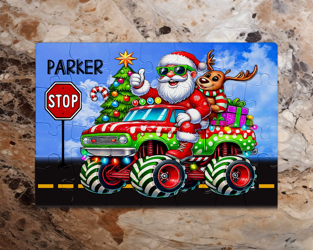 Personalized Santa Monster Truck Christmas Puzzle for Kids | Custom Name Holiday Gift 