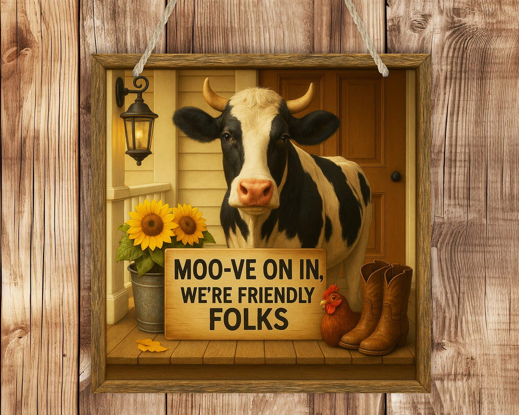 Decorative sign with a cow, sunflowers, boots, and a rooster on a wooden background.