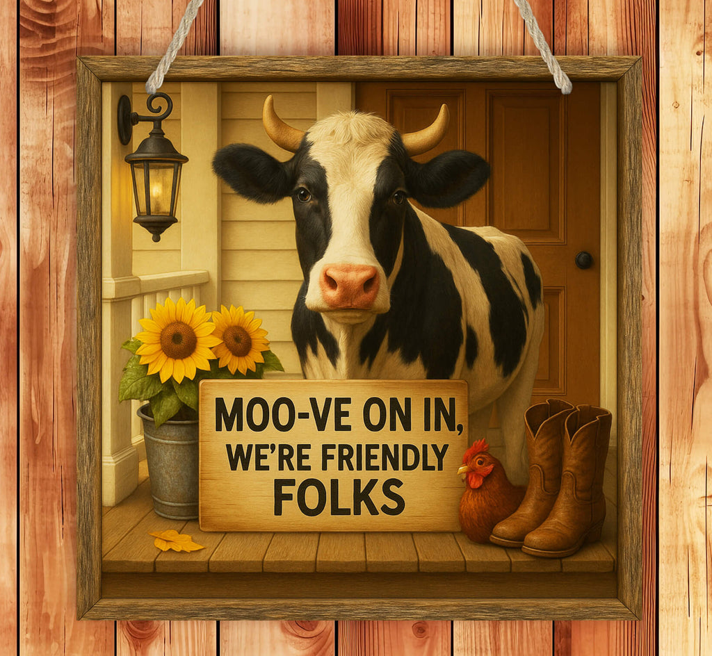 Decorative sign with a cow, sunflowers, boots, and a rooster on a wooden background.