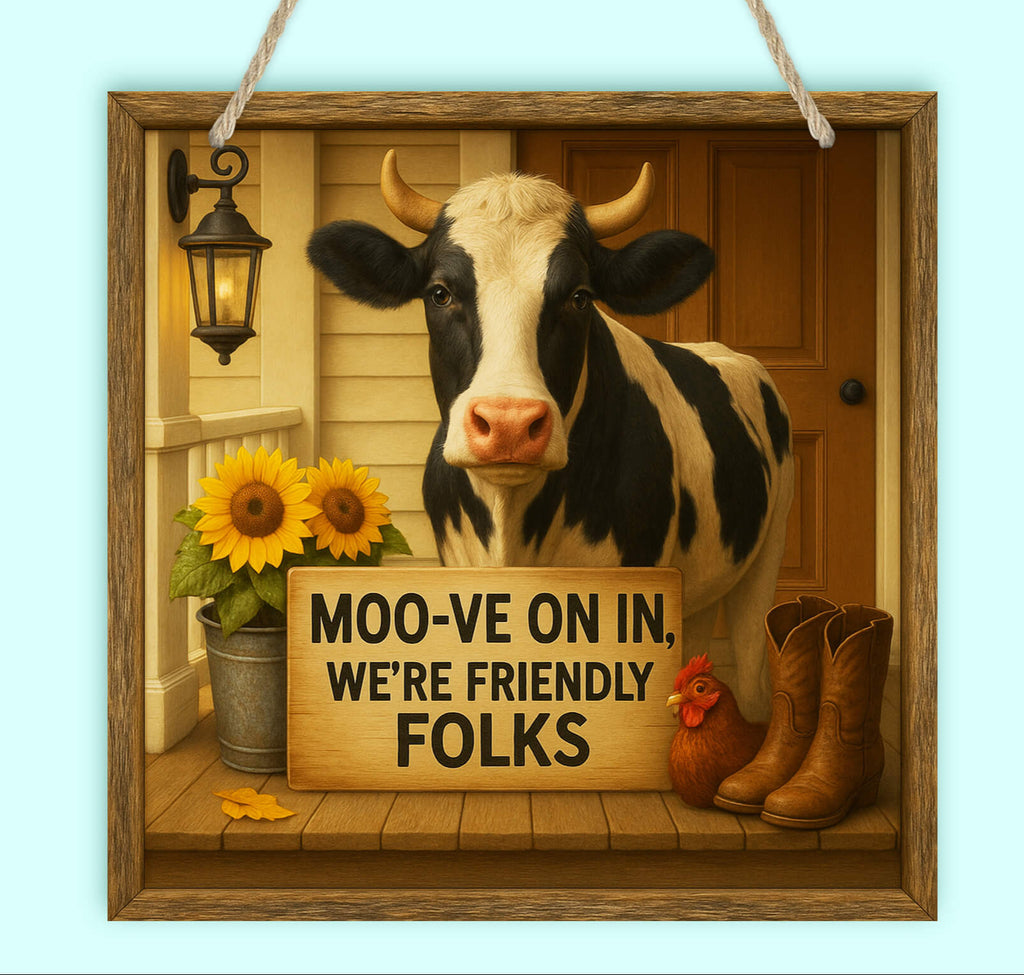 Decorative sign with a cow, sunflowers, boots, and a rooster on a wooden background.