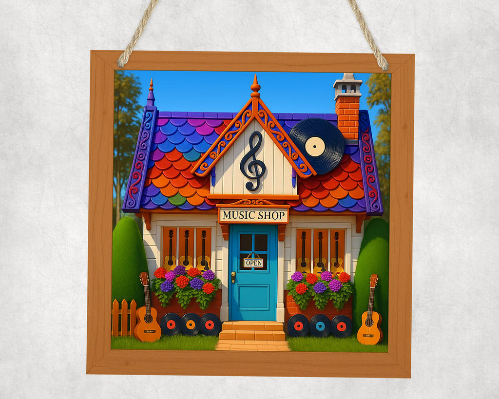 Colorful illustration of a music shop with a treble clef sign on the roof, surrounded by flowers and guitars.