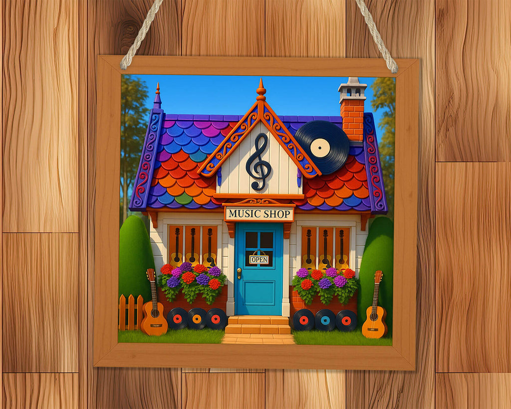 Colorful illustration of a music shop with guitars and flowers on a wooden background