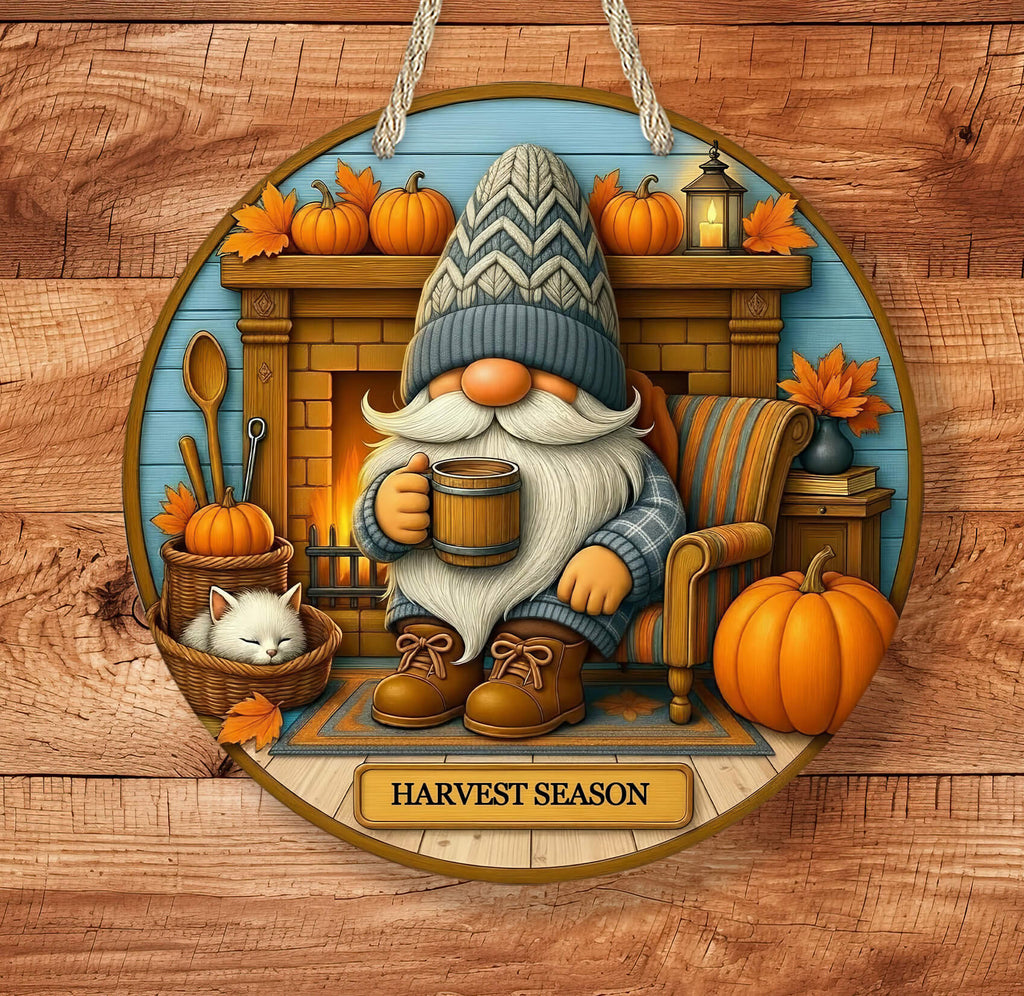 Decorative sign with a gnome, cat, and pumpkins on a wooden background