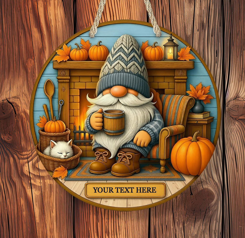 Decorative autumn-themed gnome with pumpkins and a fireplace on a wooden background