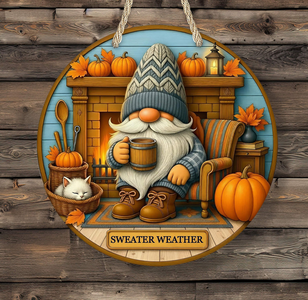 Decorative sign with a gnome, cat, and pumpkins in a cozy fireplace setting.