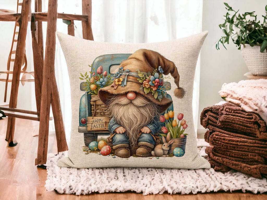 Easter Gnome Pillow - Vintage Truck Spring Decor - Farmhouse Throw Cushion - Rustic Easter Decoration - Seasonal Home Accent - Pastel Floral Pillow - Cozy Cottagecore Pillow Cover - Personalized Kreation