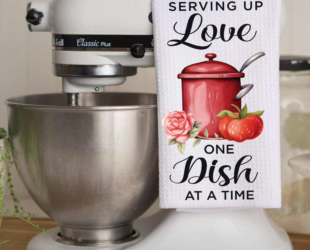 Love Served Daily kitchen towel with a rustic farmhouse pitcher, floral design, and heart accents. Perfect Valentine’s Day decor, housewarming gift, or romantic kitchen accessory. Soft, absorbent, machine washable, and ideal for everyday use -  Personalized Kreation