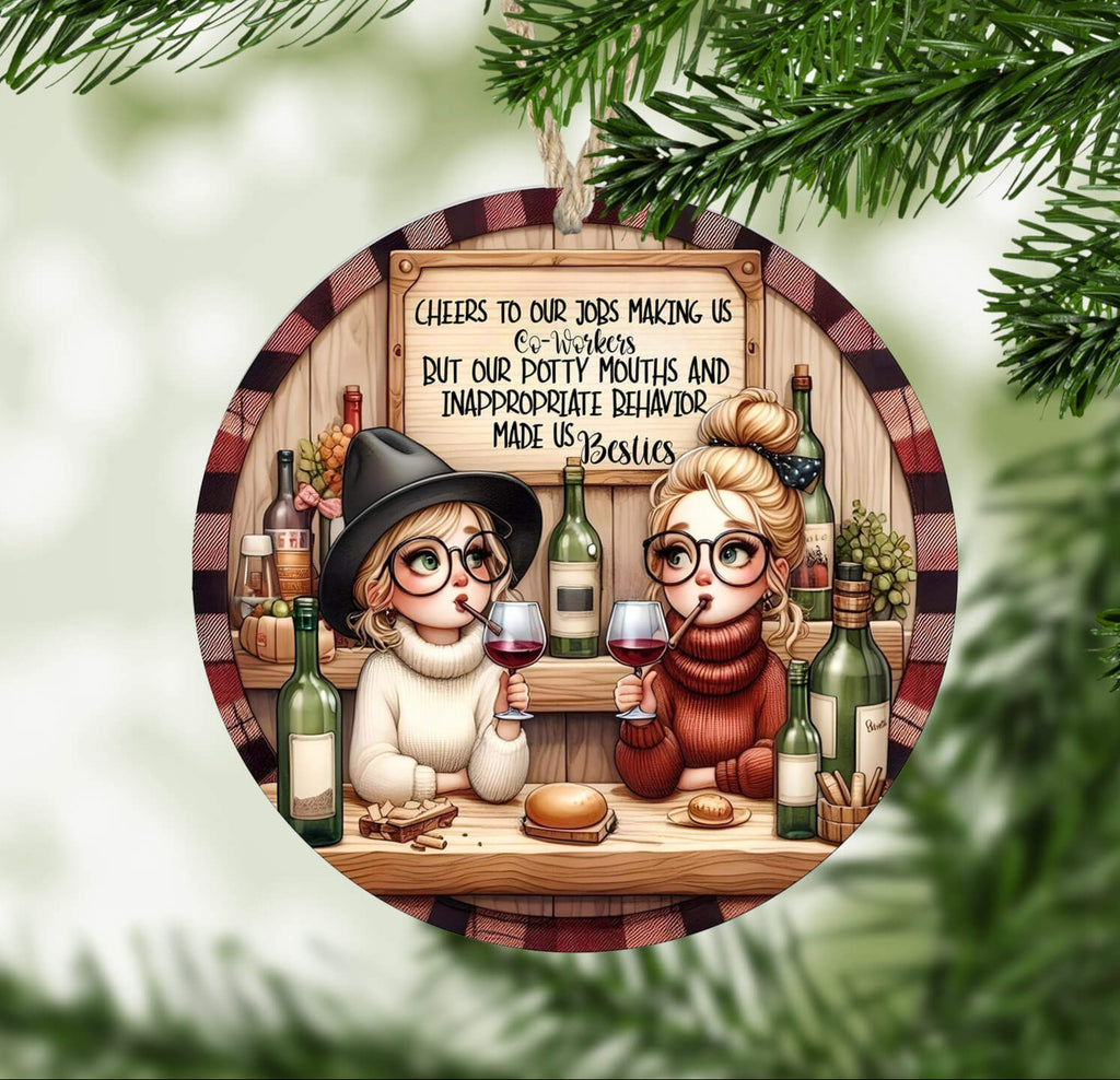 Decorative Christmas ornament with cartoon characters at a bar, surrounded by green tree branches.