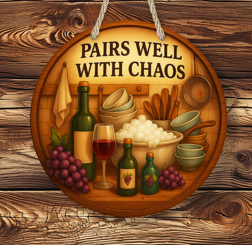 Decorative sign with wine bottles, glasses, and food items on a wooden background with text 'PAIRS WELL WITH CHAOS'.