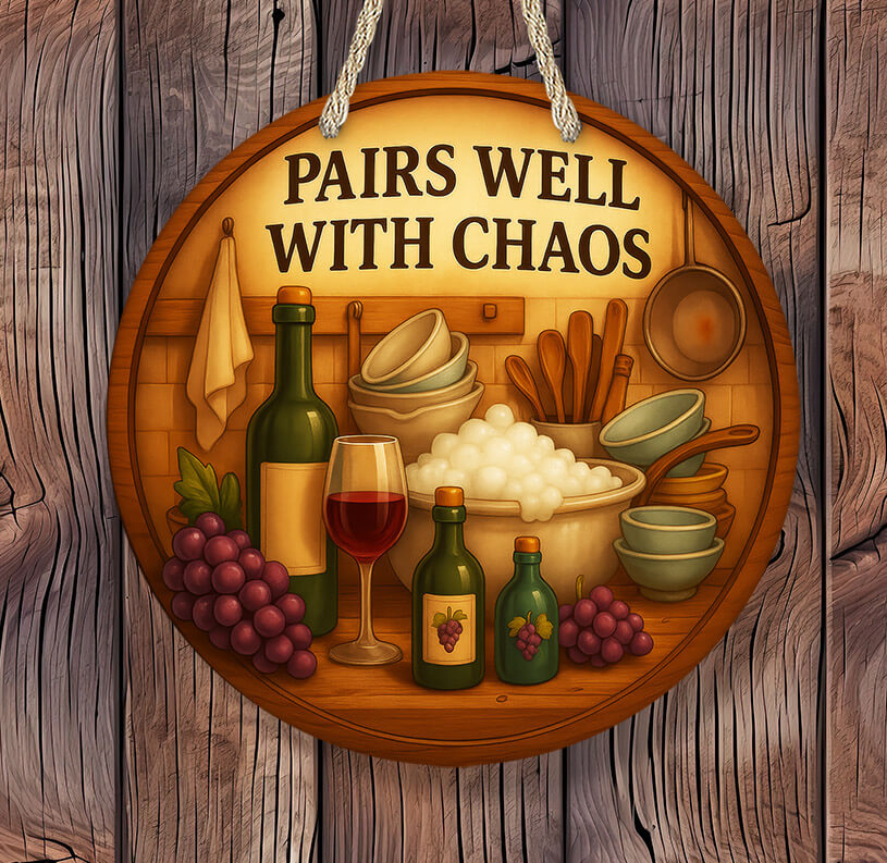 Decorative sign with wine bottles, glasses, and food items on a wooden background.