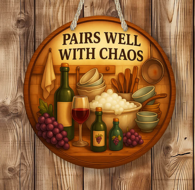 Decorative sign with wine bottles, glasses, and food items on a wooden background with text 'PAIRS WELL WITH CHAOS'.