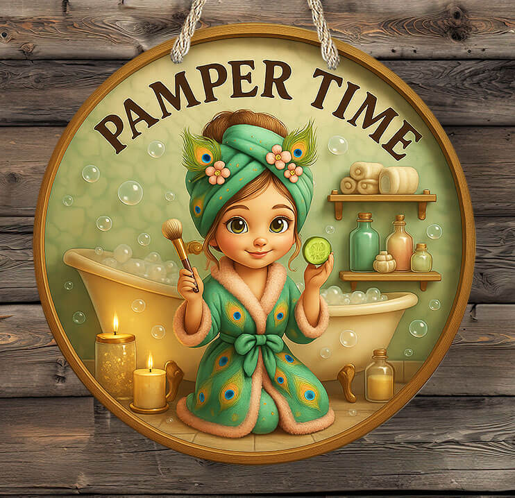 Decorative sign with a cartoon girl in a bathrobe and towel, holding a cucumber slice and brush, with 'Pamper Time' text above.