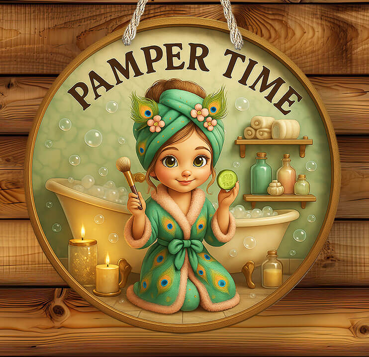 Decorative sign with a cartoon girl in a bathrobe holding a cucumber slice, surrounded by bath items on a wooden background.
