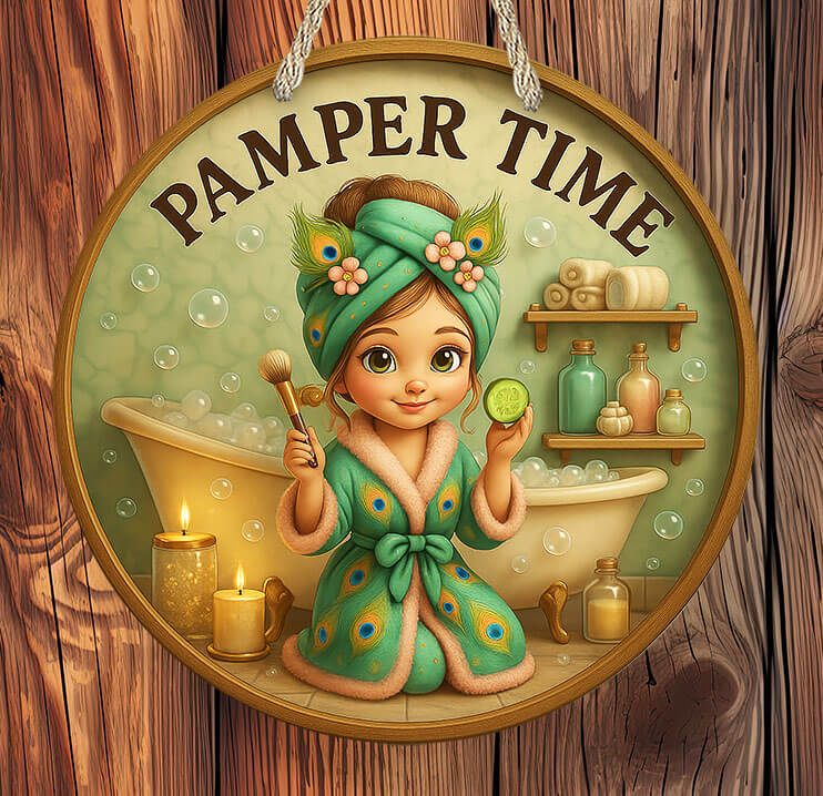 Decorative sign with a cartoon girl in a bathrobe and towel, holding a cucumber slice and brush, with 'Pamper Time' text above.