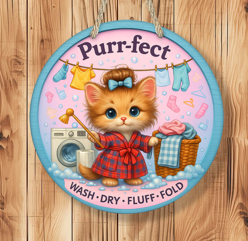 Circular sign with a cartoon cat in a red robe washing clothes, on a wooden background.