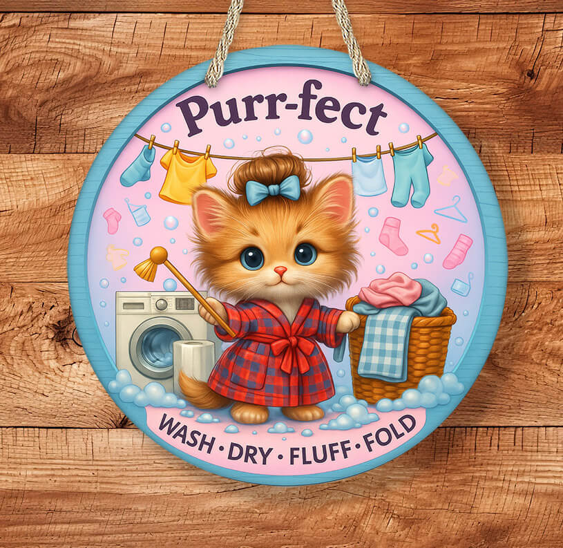 Decorative sign with a cartoon cat in a red robe washing clothes, on a wooden background.