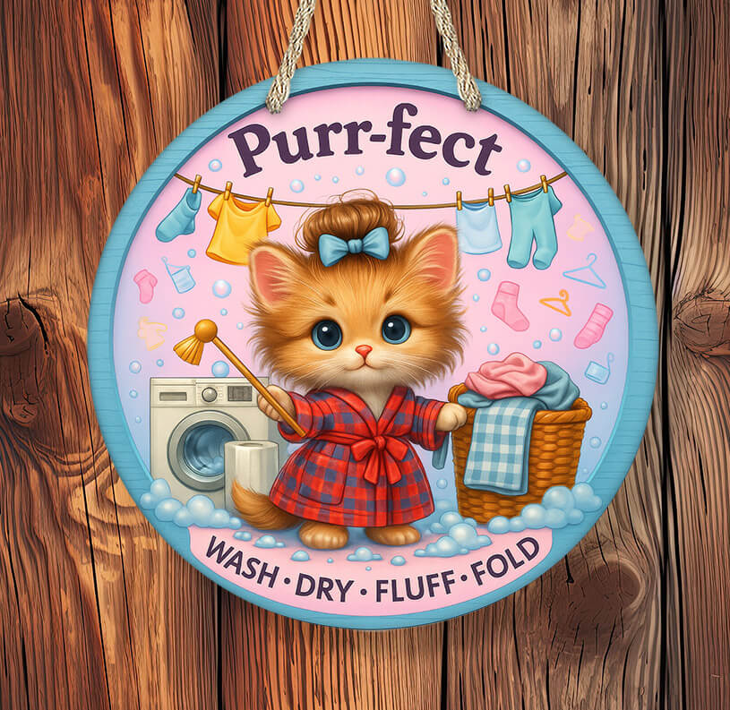 Circular sign with a cartoon cat in a red robe washing clothes, text 'Purr-fect' and laundry-themed graphics on a wooden background.