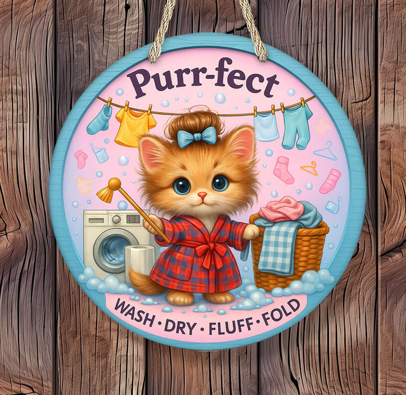 Circular sign with a cartoon cat in a red robe washing clothes, hanging on a wooden background.