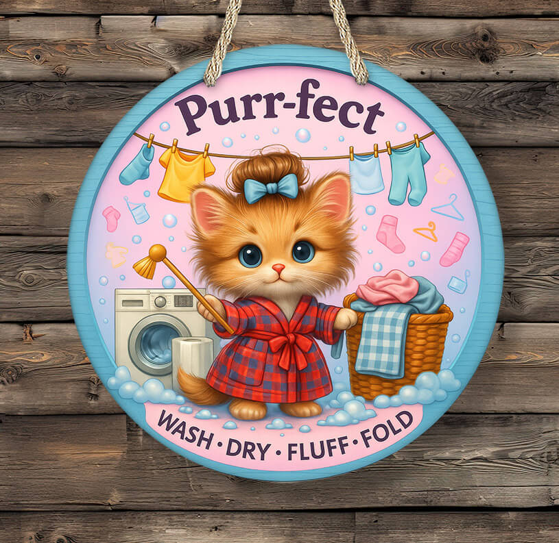 Decorative sign with a cartoon cat in a bathrobe holding a washing machine and dryer, with text 'Purr-fect Wash Dry Fluff Fold' on a wooden background.