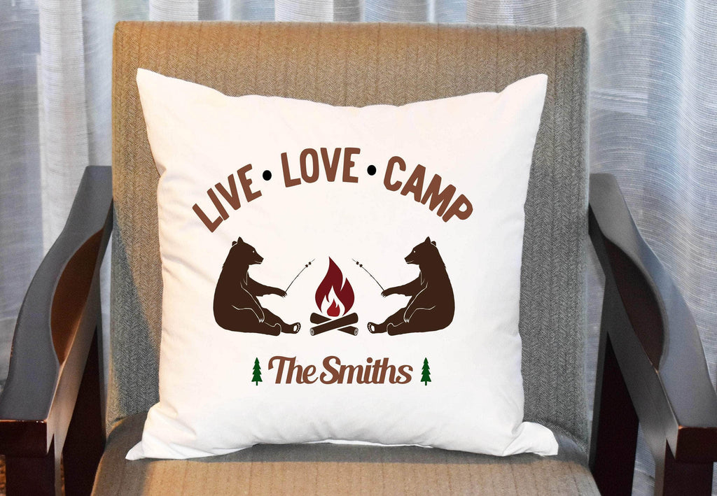 personalizedkreation-7068 Pillow Cover White Canvas Personalized Bear Camping Pillow Cover | Camper Bear Decor | Camping Bears