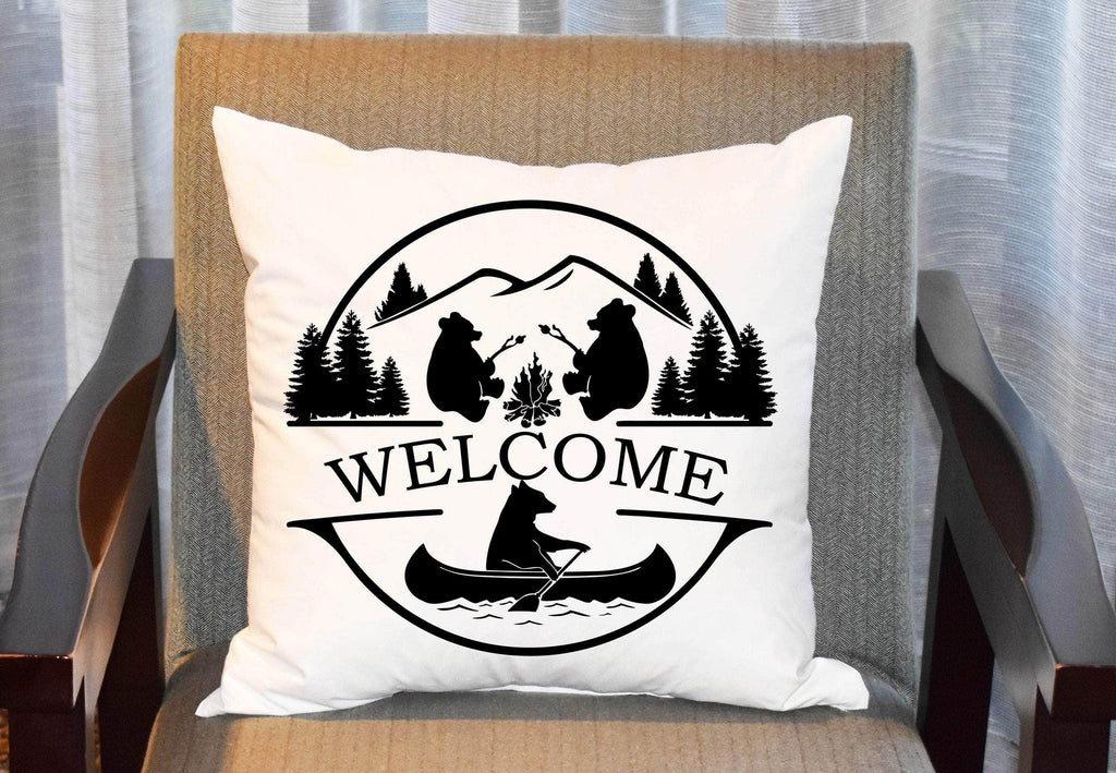 personalizedkreation-7068 Camping White Canvas / YOUR TEXT Personalized Bear Pillow Cover | Bear Life Camper Decor | Custom Camper Pillow