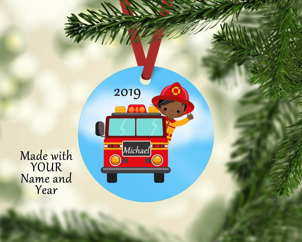 personalizedkreation-7068 Ornament Dark Skin Fireman Personalized Fireman Ornament | Firetruck Kids Ornament | Year Holiday Decor