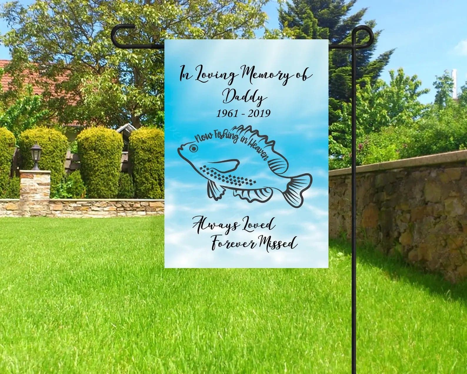 Personalized In Memory Garden Flag  Now Fishing In Heaven Memorial Fl –  Personalized Kreation